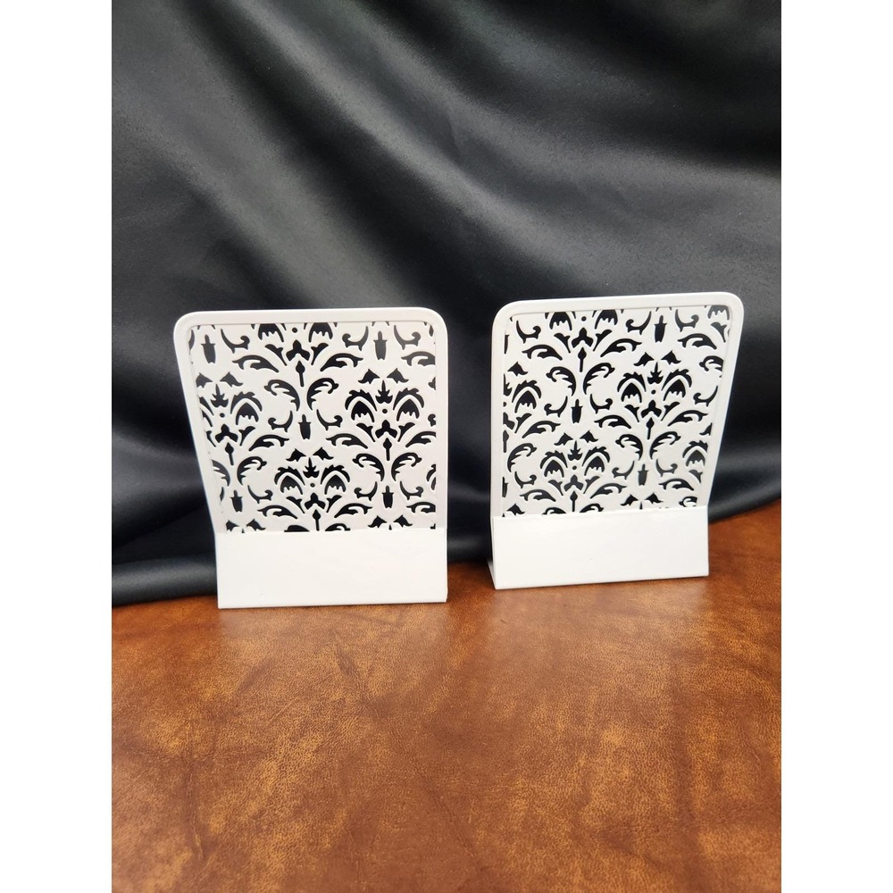 2 MCM Metal Bookends White Damask Cut out Decorative Bookshelf Vtg Book Holder